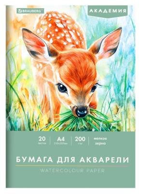 Бумага для акварели А4, 20л, 200 г/м2, 210х297мм, BRAUBERG, 117746